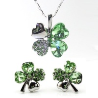 DaisyJewel Irish Green Lucky Charm Clover Shamrock Pendant Necklace and Earrings Set 18k White Gold Plated with Heart Shaped Petals and Sparkling Swarovski Crystal Elements and Elegant Slender Box Chain with Lobster Claw Clasp