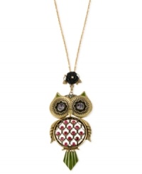 All eyes will be on you with this whimsical owl pendant necklace from Betsey Johnson. Crafted from gold-tone mixed metal, the large pendant features glass crystal accents in shades of purple for a colorful touch. Approximate length: 31 inches + 3-inch extender. Approximate drop: 5 inches. All eyes will be on you with this whimsical owl pendant necklace from Betsey Johnson. Crafted from gold-tone mixed metal, the large pendant features glass crystal accents in shades of purple for a colorful touch. Approximate length: 31 inches + 3-inch extender. Approximate drop: 5 inches.