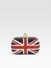 Show your alliance with this glittering Union Jack design in soft suede.Skull top clasp closureLeather lining6¼W X 3½H X 1¼DMade in Italy Show your alliance with this glittering Union Jack design in soft suede.Skull top clasp closureLeather lining6¼W X 3½H X 1¼DMade in Italy
