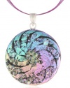 Sterling Silver Dichroic Glass Rainbow Swirl with Clear Glass Sprinkles Round Shape Pendant Necklace on Stainless Steel Wire, 18