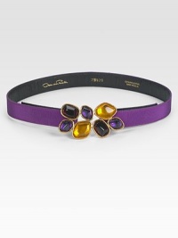 This glamorous silk design fastens with a colorful jeweled buckle.About 1 wideSilkMade in USA This glamorous silk design fastens with a colorful jeweled buckle.About 1 wideSilkMade in USA
