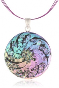 Sterling Silver Dichroic Glass Rainbow Swirl with Clear Glass Sprinkles Round Shape Pendant Necklace on Stainless Steel Wire, 18 Sterling Silver Dichroic Glass Rainbow Swirl with Clear Glass Sprinkles Round Shape Pendant Necklace on Stainless Steel Wire, 18