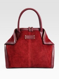 Leather trim adds interest to this soft suede style with convertible magnetic snap-down sides.Double leather top handles, 6 dropTop zip closureOne inside zip pocketCotton lining13½W X 12¼H X 3½DMade in Italy Leather trim adds interest to this soft suede style with convertible magnetic snap-down sides.Double leather top handles, 6 dropTop zip closureOne inside zip pocketCotton lining13½W X 12¼H X 3½DMade in Italy
