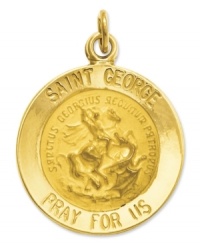 Symbolic style. This intricate medal charm features a divine depiction, as well as the words: Saint George Pray For Us in 14k gold. Chain not included. Approximate length: 9/10 inch. Approximate width: 6/10 inch.