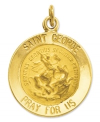 Symbolic style. This intricate medal charm features a divine depiction, as well as the words: Saint George Pray For Us in 14k gold. Chain not included. Approximate length: 9/10 inch. Approximate width: 6/10 inch. Symbolic style. This intricate medal charm features a divine depiction, as well as the words: Saint George Pray For Us in 14k gold. Chain not included. Approximate length: 9/10 inch. Approximate width: 6/10 inch.