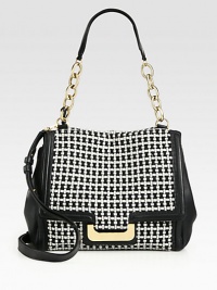 A high-contrast woven wool design accented in smooth leather and radiant hardware.Chain and leather top handle, 8½ dropDetachable leather shoulder strap, 15-18 dropMagnetic snap flap closureOne inside zip pocketFully lined16W X 13H X 7DImported A high-contrast woven wool design accented in smooth leather and radiant hardware.Chain and leather top handle, 8½ dropDetachable leather shoulder strap, 15-18 dropMagnetic snap flap closureOne inside zip pocketFully lined16W X 13H X 7DImported