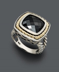 A bold accent piece adds allure to your every day ensemble. Faceted, square-cut onyx (6-3/4 ct. t.w.) is highlighted by a twisted frame and double band. Crafted in 14k gold and sterling silver. Sizes 6, 7 and 8. A bold accent piece adds allure to your every day ensemble. Faceted, square-cut onyx (6-3/4 ct. t.w.) is highlighted by a twisted frame and double band. Crafted in 14k gold and sterling silver. Sizes 6, 7 and 8.