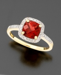 This Valentine's Day, say it just a bit differently. Express your love with a unique find created with an exquisite cushion-cut garnet (1-1/4 ct. t.w.) surrounded with a studding array of round-cut diamonds (1/6 ct. t.w.), all gleaming in 14k yellow gold. This Valentine's Day, say it just a bit differently. Express your love with a unique find created with an exquisite cushion-cut garnet (1-1/4 ct. t.w.) surrounded with a studding array of round-cut diamonds (1/6 ct. t.w.), all gleaming in 14k yellow gold.