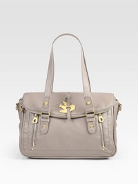 Soft and slouchy leather defines this easy carryall, finished with whimsical bird hardware.Double top handles, 7 dropRemovable adjustable shoulder strap, 20-25 dropTop-zip and magnetic flap closureThree outside zip compartmentsOne inside open pocketTwo inside open pocketsFully lined14W X 10H X 6½DImported Soft and slouchy leather defines this easy carryall, finished with whimsical bird hardware.Double top handles, 7 dropRemovable adjustable shoulder strap, 20-25 dropTop-zip and magnetic flap closureThree outside zip compartmentsOne inside open pocketTwo inside open pocketsFully lined14W X 10H X 6½DImported