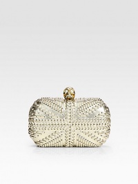 Intricately-woven metallic leather in a sleek frame-top bag, accented with an iconic skull clasp. Clasp top closureSatin lining6¼W X 4½H X 1¾DMade in Italy Intricately-woven metallic leather in a sleek frame-top bag, accented with an iconic skull clasp. Clasp top closureSatin lining6¼W X 4½H X 1¾DMade in Italy