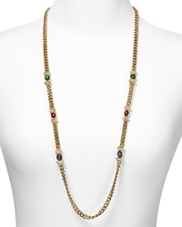 Get the inside track to bold style with this link necklace from Carolee, flaunting an eye-catching mix of multi hued stones, pearls, and 14-karat gold plate. Get the inside track to bold style with this link necklace from Carolee, flaunting an eye-catching mix of multi hued stones, pearls, and 14-karat gold plate.