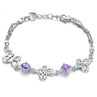 925 Sterling Silver Plated Link Bracelet with Open Butterfly Charm and Purple Cubic Zirconia Crystal 925 Sterling Silver Plated Link Bracelet with Open Butterfly Charm and Purple Cubic Zirconia Crystal