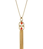 Drop in on the hot tassel trend! Kenneth Cole New York's pendant necklace highlights round coral resin beads in linked ring setting with dangling gold tone chains. Crafted in gold tone mixed metal. Approximate length: 26 inches + 3-inch extender. Approximate drop: 7-1/4 inches.