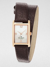A classic design with a rose goldtone case and a wrapped leather strap. Quartz movementWater resistant to 3 ATMRectangular rose goldtone case, 21mm (0.8) x 32mm (1.3)Smooth bezelMother-of-pearl dialNumeral hour markersSecond hand Wrapped leather strapImported A classic design with a rose goldtone case and a wrapped leather strap. Quartz movementWater resistant to 3 ATMRectangular rose goldtone case, 21mm (0.8) x 32mm (1.3)Smooth bezelMother-of-pearl dialNumeral hour markersSecond hand Wrapped leather strapImported