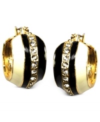 Black and white and gorgeous all over, these hoop earrings from Anne Klein sparkle with glass accents. Crafted in gold tone mixed metal. Approximate diameter: 3/4 inch. Black and white and gorgeous all over, these hoop earrings from Anne Klein sparkle with glass accents. Crafted in gold tone mixed metal. Approximate diameter: 3/4 inch.