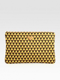 Nylon jacquard flat clutch.Back handle, 1 dropTop zip closureOne inside zip pocketTwo inside open pocketsSignature jacquard lining14W X 8¾H X 1½DMade in Italy Nylon jacquard flat clutch.Back handle, 1 dropTop zip closureOne inside zip pocketTwo inside open pocketsSignature jacquard lining14W X 8¾H X 1½DMade in Italy