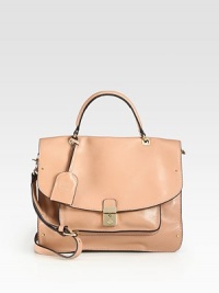 Smooth and luxurious leather with contrast trim in a classically chic design.Top handle, 4 dropDetachable adjustable shoulder strap, 16½-18 dropPush-lock flap closureOne open pocket under flapOne outside open pocketOne inside zip pocketTwo inside open pocketsCotton lining11½W X 8½H X 4½DImported Smooth and luxurious leather with contrast trim in a classically chic design.Top handle, 4 dropDetachable adjustable shoulder strap, 16½-18 dropPush-lock flap closureOne open pocket under flapOne outside open pocketOne inside zip pocketTwo inside open pocketsCotton lining11½W X 8½H X 4½DImported