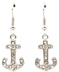 Sparkling Crystal Embellished 3/4 Nautical Anchor Dangle Earrings - Silver Rhodium Plated Sparkling Crystal Embellished 3/4 Nautical Anchor Dangle Earrings - Silver Rhodium Plated