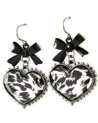 Designer Inspired Black Leopard Animal Style Print with Black Ribbon Bow Dangling Earrings - Hematite Plating Designer Inspired Black Leopard Animal Style Print with Black Ribbon Bow Dangling Earrings - Hematite Plating
