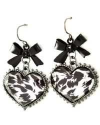 Designer Inspired Black Leopard Animal Style Print with Black Ribbon Bow Dangling Earrings - Hematite Plating