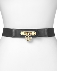 Accented by rich leather with a bold logo-trimmed buckle, this belt from Tory Burch effortlessly defines every outfit with the brand's polished style. Accented by rich leather with a bold logo-trimmed buckle, this belt from Tory Burch effortlessly defines every outfit with the brand's polished style.