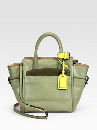 Smooth burnished glovetan leather in a tailored top-handle carryall. Double top handles, 4¼ dropRemovable, adjustable shoulder strap, 21-22½ dropFront pocket with removable zip pouchBack slide pocketProtective leather feetTwo inside zip pocketsInner zip pouchCotton lining9¾W X 9½H X 4¾DImported Smooth burnished glovetan leather in a tailored top-handle carryall. Double top handles, 4¼ dropRemovable, adjustable shoulder strap, 21-22½ dropFront pocket with removable zip pouchBack slide pocketProtective leather feetTwo inside zip pocketsInner zip pouchCotton lining9¾W X 9½H X 4¾DImported