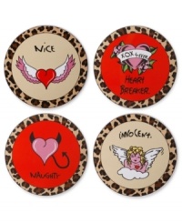 Who's naughty or nice? This ceramic coaster set from Betsey Johnson fits both personalities. Each coaster has leopard trim along the edge for a wild touch, whether you're feeling good or bad. Items come packaged in a signature Betsey Johnson Gift Box. Approximate diameter: 3-1/2 inches. Who's naughty or nice? This ceramic coaster set from Betsey Johnson fits both personalities. Each coaster has leopard trim along the edge for a wild touch, whether you're feeling good or bad. Items come packaged in a signature Betsey Johnson Gift Box. Approximate diameter: 3-1/2 inches.