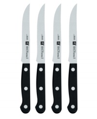 Hand-honed from ice-hardened, full carbon stainless steel, these knives cut through the thickest steak with incredible ease. Set of four knives. Stainless steel pictured on left and triple-riveted pictured on right. Carries the Henckels lifetime warranty. Hand-honed from ice-hardened, full carbon stainless steel, these knives cut through the thickest steak with incredible ease. Set of four knives. Stainless steel pictured on left and triple-riveted pictured on right. Carries the Henckels lifetime warranty.