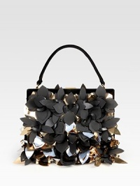 Truly make a statement in this tri-color vinyl and latex flower encrusted suede design.Top handle, 4½ dropTop clasp closureTwo inside open pocketsFully lined9½W X 7½H X 2DMade in Italy Truly make a statement in this tri-color vinyl and latex flower encrusted suede design.Top handle, 4½ dropTop clasp closureTwo inside open pocketsFully lined9½W X 7½H X 2DMade in Italy
