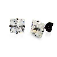 Black Plated Stainless Steel Stud Earrings with Princess Cut Clear 9 MM CZ Black Plated Stainless Steel Stud Earrings with Princess Cut Clear 9 MM CZ