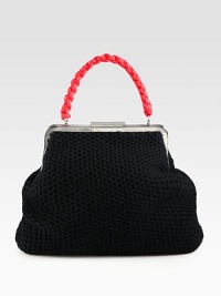 A highly textured design with a lady-like frame and a modern pop of color.Plaited top handle, 5 dropTop clasp closureFully lined13W X 11¾H X ¾DMade in Italy A highly textured design with a lady-like frame and a modern pop of color.Plaited top handle, 5 dropTop clasp closureFully lined13W X 11¾H X ¾DMade in Italy