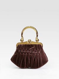 Slim design crafted from pleated velvet with goldtone hardware. Top handle, 5¾ dropClasp closureTwo inside open pocketsSatin lining8W X 7½H X 2¾DMade in Italy Slim design crafted from pleated velvet with goldtone hardware. Top handle, 5¾ dropClasp closureTwo inside open pocketsSatin lining8W X 7½H X 2¾DMade in Italy