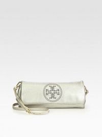 An elegant metallic leather style with a perforated logo emblem and versatile detachable strap.Detachable adjustable shoulder strap, 22½-24½ dropMagnetic snap flap closureOne inside zip pocketCotton lining11W X 5H X 1½DImported An elegant metallic leather style with a perforated logo emblem and versatile detachable strap.Detachable adjustable shoulder strap, 22½-24½ dropMagnetic snap flap closureOne inside zip pocketCotton lining11W X 5H X 1½DImported