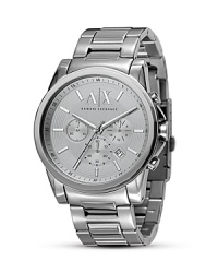 Punch up your wrist with Armani Exchange's stainless steel chronograph. Wear this high-shine style to bring a modern edge to day-to-day looks. Punch up your wrist with Armani Exchange's stainless steel chronograph. Wear this high-shine style to bring a modern edge to day-to-day looks.