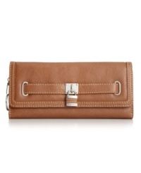 Been searching for a slender, ladylike wallet that's sturdy enough to carry all your cards, cash, and coins with ease? Look no further than this Nine West design that organizes all your essentials effortlessly. Plenty of compartments and pockets align the interior, while delicate detail stitching and polished silver-tone hardware adorn the outside. Been searching for a slender, ladylike wallet that's sturdy enough to carry all your cards, cash, and coins with ease? Look no further than this Nine West design that organizes all your essentials effortlessly. Plenty of compartments and pockets align the interior, while delicate detail stitching and polished silver-tone hardware adorn the outside.