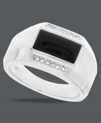 Stay true to your sophisticated side. This stately men's ring features a rectangular onyx stone (2-5/8 ct. t.w.) anchored by two rows of round-cut diamonds (1/8 ct. t.w.). Set in sterling silver. Size 10-1/2. Stay true to your sophisticated side. This stately men's ring features a rectangular onyx stone (2-5/8 ct. t.w.) anchored by two rows of round-cut diamonds (1/8 ct. t.w.). Set in sterling silver. Size 10-1/2.