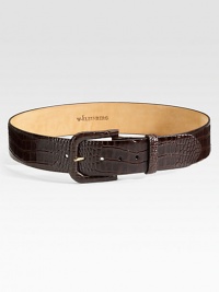 Croc-embossed Italian leather with self-covered buckle and supple nubuck lining. About 2 wide Made in USA Croc-embossed Italian leather with self-covered buckle and supple nubuck lining. About 2 wide Made in USA
