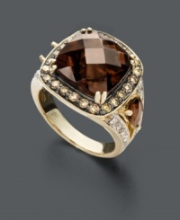 Add luxury to your wardrobe with warm sparkle in natural hues. This rich ring by Le Vian features a faceted cushion-cut smoky quartz (7-1/5 ct. t.w.) surrounded by round-cut brown diamond accents and white diamond accents in the band. Crafted in 14k gold. Size 7.