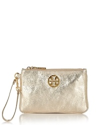Add a glamorous finish to your look with this gleaming metallic wristlet from Tory Burch. Add a glamorous finish to your look with this gleaming metallic wristlet from Tory Burch.