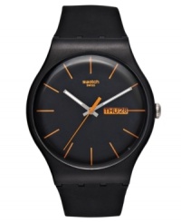 Be rebellious this season. This sleek watch from Swatch's Dark Rebel collection is a versatile accessory with pops of orange. Be rebellious this season. This sleek watch from Swatch's Dark Rebel collection is a versatile accessory with pops of orange.