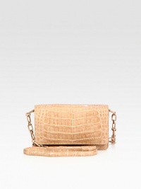 A timelessly chic design in beautiful crocodile, features a removable strap to convert it to a crossbody bag.Removable leather and chain strap, 22½ drop Magnetic flap closure One outside open pocket Two inside zip pockets Two inside open pockets Six credit card slots Leather lining 7½W X 5H X 1½D Imported A timelessly chic design in beautiful crocodile, features a removable strap to convert it to a crossbody bag.Removable leather and chain strap, 22½ drop Magnetic flap closure One outside open pocket Two inside zip pockets Two inside open pockets Six credit card slots Leather lining 7½W X 5H X 1½D Imported