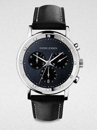 From the Koppel Collection. A dazzling, diamond accented timepiece based on the brand's philosophy to meld design and functionality. Quartz movementWater resistant to 3 ATMRound stainless steel case, 38mm (1.5)Diamond accented bezel, .17 tcwBlack mother-of-pearl chronograph dialDot hour markersSecond hand Black calfskin leather strapMade in Switzerland From the Koppel Collection. A dazzling, diamond accented timepiece based on the brand's philosophy to meld design and functionality. Quartz movementWater resistant to 3 ATMRound stainless steel case, 38mm (1.5)Diamond accented bezel, .17 tcwBlack mother-of-pearl chronograph dialDot hour markersSecond hand Black calfskin leather strapMade in Switzerland