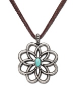 Worn long or wrapped up short, this Lucky Brand necklace adds the perfect amount of rugged charm to any look. Flower pendant carved in worn silver tone mixed metal with semi-precious reconstituted calcite turquoise stone at center of petals. Suspended from brown cord. Approximate length: 34 inches. Approximate drop: 2 inches.
