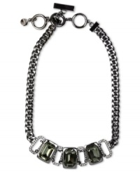 Exude grace with this elegant frontal necklace from Givency. Rectangular pendants hold black diamond and crystal stone accents. Crafted in light hematite tone mixed metal. Approximate length: 16 inches + 2-inch extender. Approximate drop: 1 inch. Exude grace with this elegant frontal necklace from Givency. Rectangular pendants hold black diamond and crystal stone accents. Crafted in light hematite tone mixed metal. Approximate length: 16 inches + 2-inch extender. Approximate drop: 1 inch.
