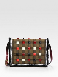 Super-luxe mink fur pairs with python on this studded poly-cotton design, finished with a patent leather strap. Adjustable patent leather shoulder strap, 22¾-25 dropMagnetic snap on front flapOne inside zip pocket65% polyester/22% cotton/13% polyurethaneCotton lining10½W X 8H X 2¾DMade in Italy Super-luxe mink fur pairs with python on this studded poly-cotton design, finished with a patent leather strap. Adjustable patent leather shoulder strap, 22¾-25 dropMagnetic snap on front flapOne inside zip pocket65% polyester/22% cotton/13% polyurethaneCotton lining10½W X 8H X 2¾DMade in Italy