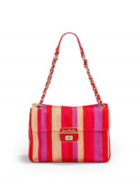 THE LOOKGolden chain and faux leather shoulder strapsRectangular silhouetteTonal striped linen/cotton bodySnakeskin-embossed PVC trimLogo slide-lock enamel flap closureCenter zip compartmentOne inside open pocketOne inside zip pocketInside logo detailTHE MEASUREMENTShoulder straps, 9 drop10½W X 7½H X 3DTHE MATERIAL55% linen/45% cottonPVC trimFully linedORIGINImported THE LOOKGolden chain and faux leather shoulder strapsRectangular silhouetteTonal striped linen/cotton bodySnakeskin-embossed PVC trimLogo slide-lock enamel flap closureCenter zip compartmentOne inside open pocketOne inside zip pocketInside logo detailTHE MEASUREMENTShoulder straps, 9 drop10½W X 7½H X 3DTHE MATERIAL55% linen/45% cottonPVC trimFully linedORIGINImported