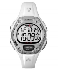 For white-hot workouts. Ironman digital watch by Timex crafted of white resin strap and round case with silver tone bezel. Positive display digital dial features day, date, time, 30-lap memory, chronograph, alarm and timer. Quartz movement. Water resistant to 100 meters. One-year limited warranty. For white-hot workouts. Ironman digital watch by Timex crafted of white resin strap and round case with silver tone bezel. Positive display digital dial features day, date, time, 30-lap memory, chronograph, alarm and timer. Quartz movement. Water resistant to 100 meters. One-year limited warranty.