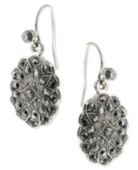 Moody circles add a bold touch to your look. These drop earrings by 2028 feature an oval silhouette decorated with faux-marcasite accents. Crafted in silver tone mixed metal. Approximate drop: 3/4 inch. Moody circles add a bold touch to your look. These drop earrings by 2028 feature an oval silhouette decorated with faux-marcasite accents. Crafted in silver tone mixed metal. Approximate drop: 3/4 inch.