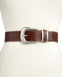 The classic leather belt gets an equestrian upgrade with this Calvin Klein design. Features a chic silver tone metal belt loop. The classic leather belt gets an equestrian upgrade with this Calvin Klein design. Features a chic silver tone metal belt loop.