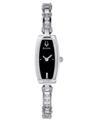 Turn up the heat with this dazzling watch by Bulova. Stainless steel & crystal-accented bracelet and rectangular case. Black dial with silvertone stick indice at six o'clock and logo. Quartz movement. Water resistant to 30 meters. Three-year warranty. Turn up the heat with this dazzling watch by Bulova. Stainless steel & crystal-accented bracelet and rectangular case. Black dial with silvertone stick indice at six o'clock and logo. Quartz movement. Water resistant to 30 meters. Three-year warranty.